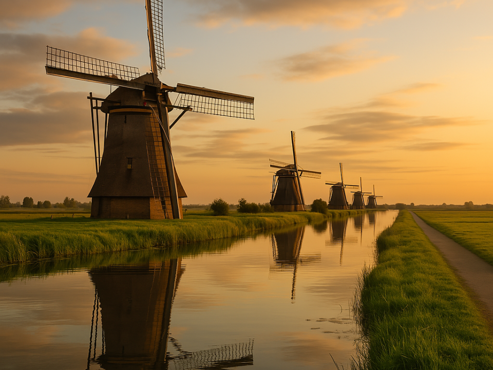 Traditional Dutch windmills along a calm canal at sunset, reflected in water with soft clouds and green fields under a wide sky.