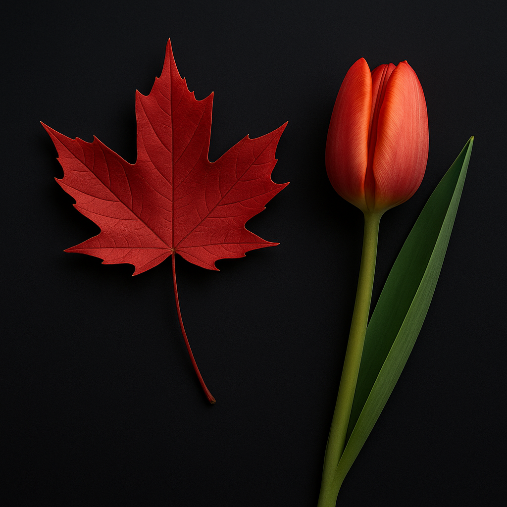 A vivid Canadian maple leaf and a red tulip rest side by side on a dark background, representing the Netherlands-Canada connection.