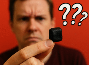 A skeptical person holds a piece of salty black licorice (drop) between their fingers against a bright red background with question marks, visually asking: What the Dutch is that?