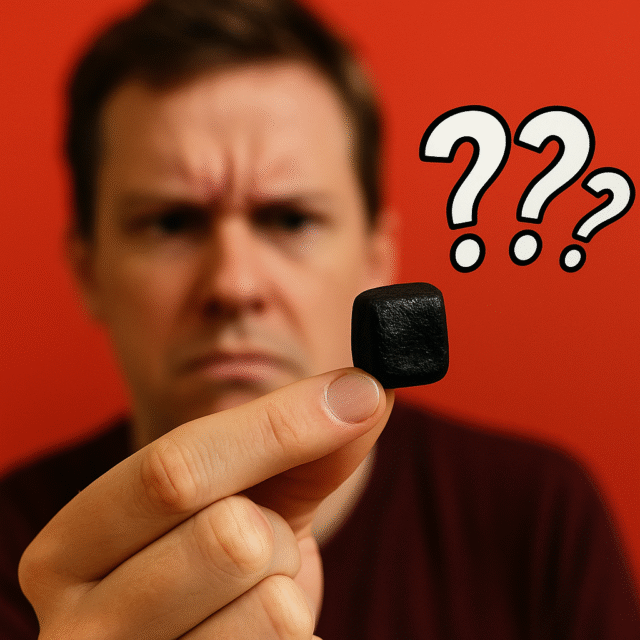A skeptical person holds a piece of salty black licorice (drop) between their fingers against a bright red background with question marks, visually asking: What the Dutch is that?