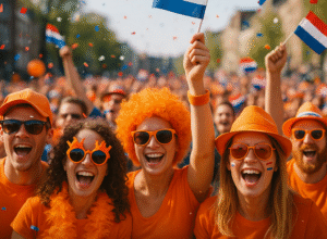 A vibrant crowd celebrates king's day in the Netherlands, all dressed in bright orange, waving Dutch flags, and surrounded by confetti during a lively city festival.