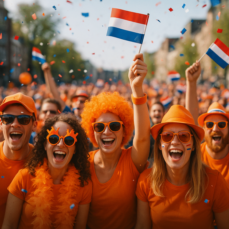 A vibrant crowd celebrates king's day in the Netherlands, all dressed in bright orange, waving Dutch flags, and surrounded by confetti during a lively city festival.