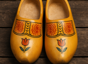 A pair of traditional Dutch wooden shoes with tulip decorations resting on a wooden surface