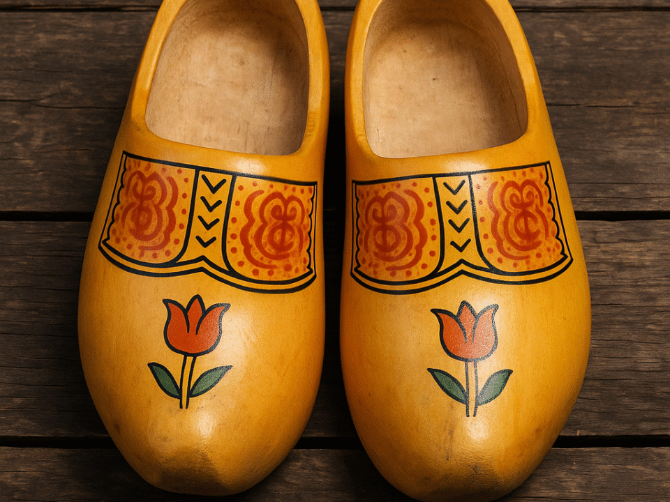 A pair of traditional Dutch wooden shoes with tulip decorations resting on a wooden surface