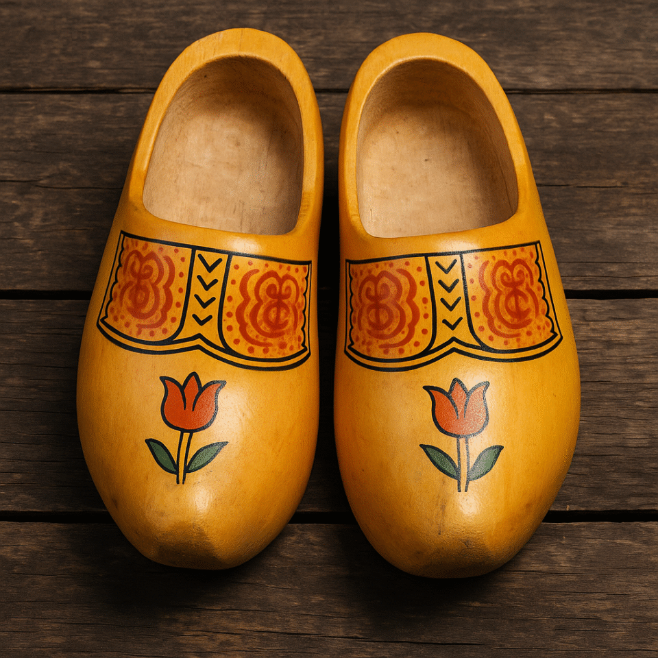 A pair of traditional Dutch wooden shoes with tulip decorations resting on a wooden surface