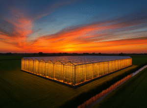 A glowing high-tech greenhouse in the Netherlands at sunset, symbolizing Dutch agricultural innovation