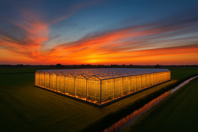 A glowing high-tech greenhouse in the Netherlands at sunset, symbolizing Dutch agricultural innovation