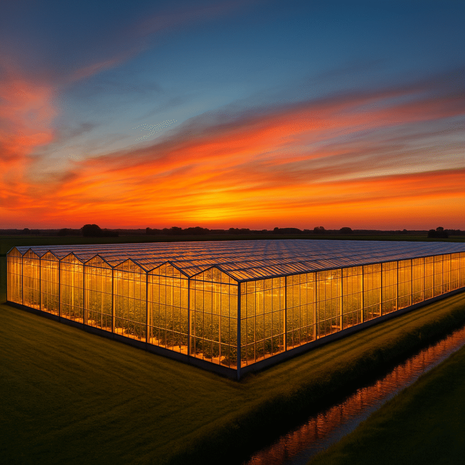 A glowing high-tech greenhouse in the Netherlands at sunset, symbolizing Dutch agricultural innovation