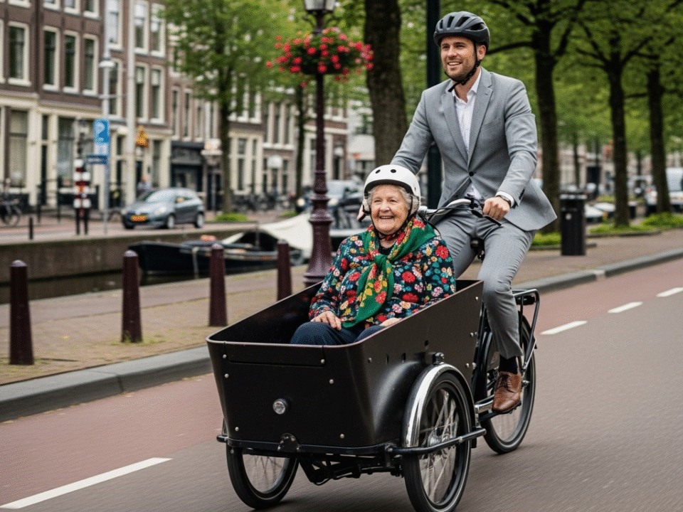 A smiling elderly woman rides in a bakfiets steered by a man in a suit on a Dutch city street