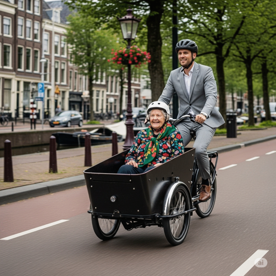 A smiling elderly woman rides in a bakfiets steered by a man in a suit on a Dutch city street