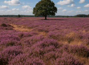 Drenthe heathland with blooming purple heather and a lone oak tree under a blue sky