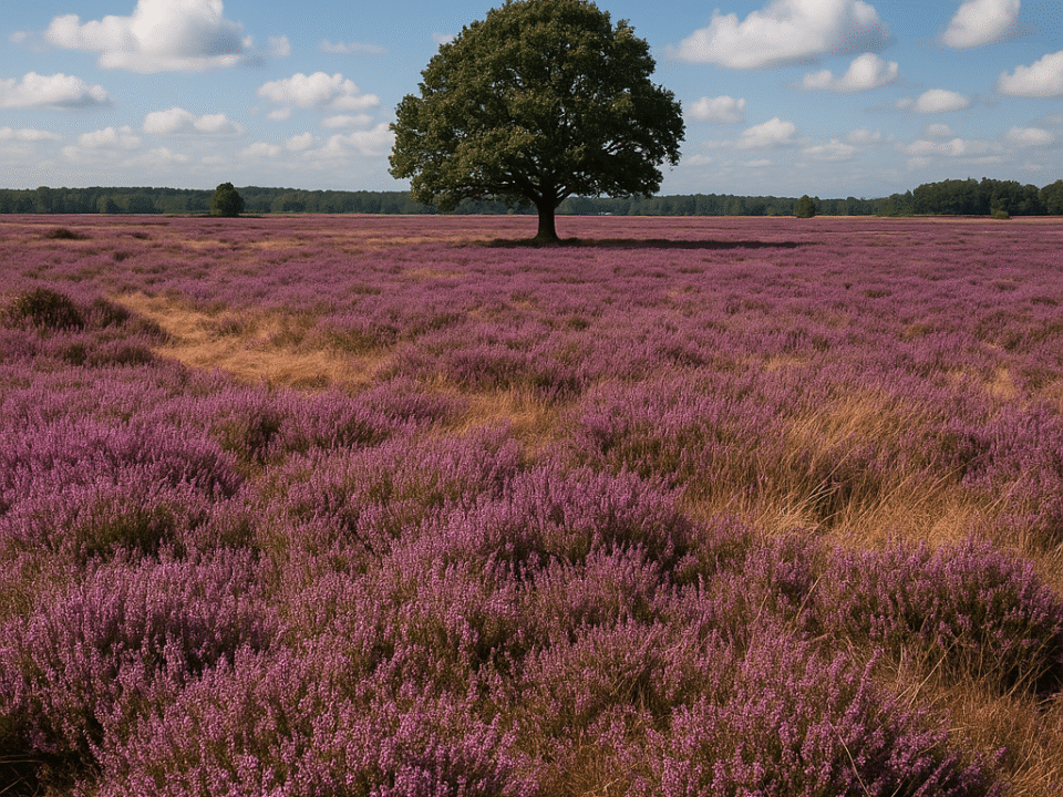 Drenthe heathland with blooming purple heather and a lone oak tree under a blue sky