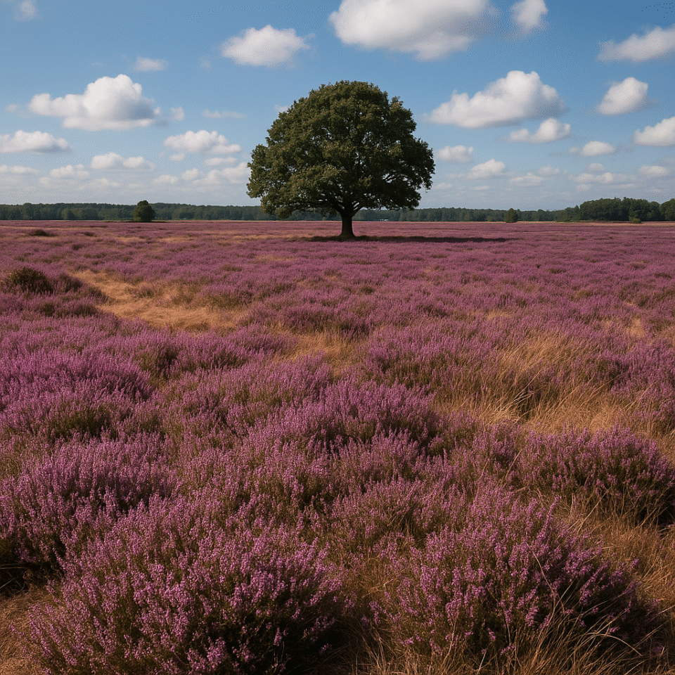Drenthe heathland with blooming purple heather and a lone oak tree under a blue sky
