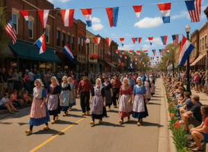Dutch-American communities celebrating with a traditional Dutch parade on a small-town U.S. main street