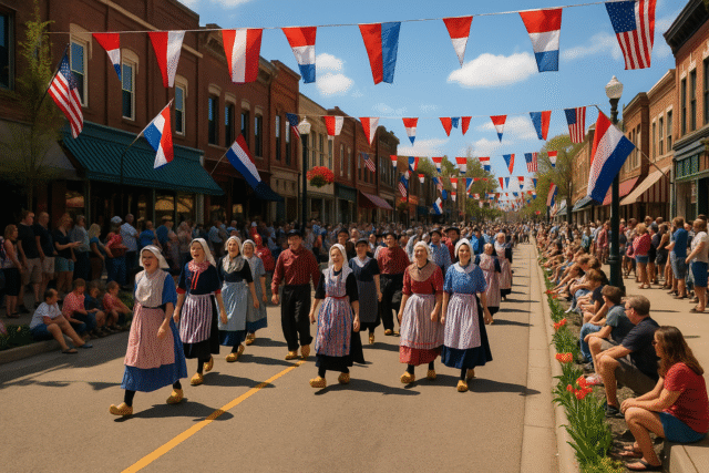 Dutch-American communities celebrating with a traditional Dutch parade on a small-town U.S. main street