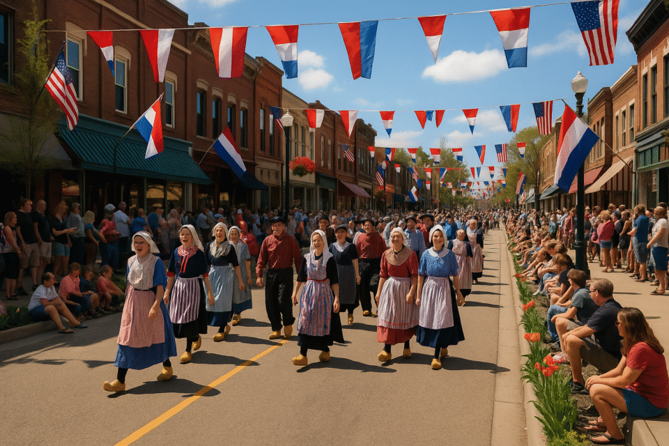 Dutch-American communities celebrating with a traditional Dutch parade on a small-town U.S. main street