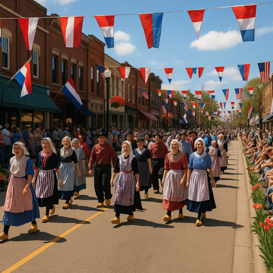 Dutch-American communities celebrating with a traditional Dutch parade on a small-town U.S. main street