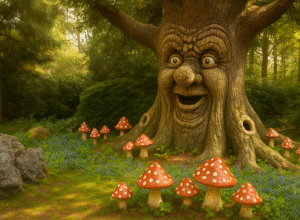 Talking tree surrounded by mushrooms in Efteling's enchanted fairy tale forest
