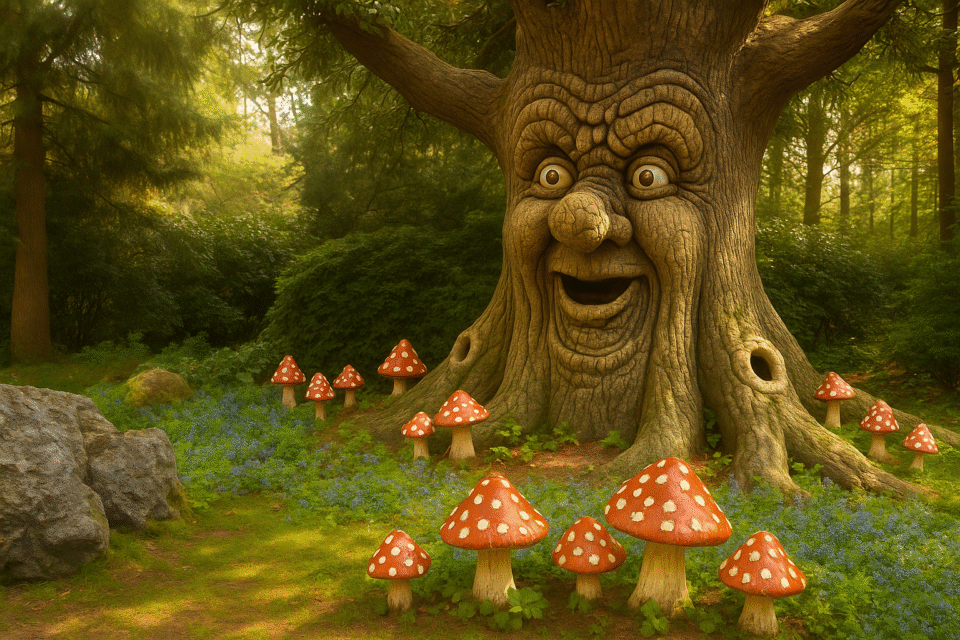 Talking tree surrounded by mushrooms in Efteling's enchanted fairy tale forest