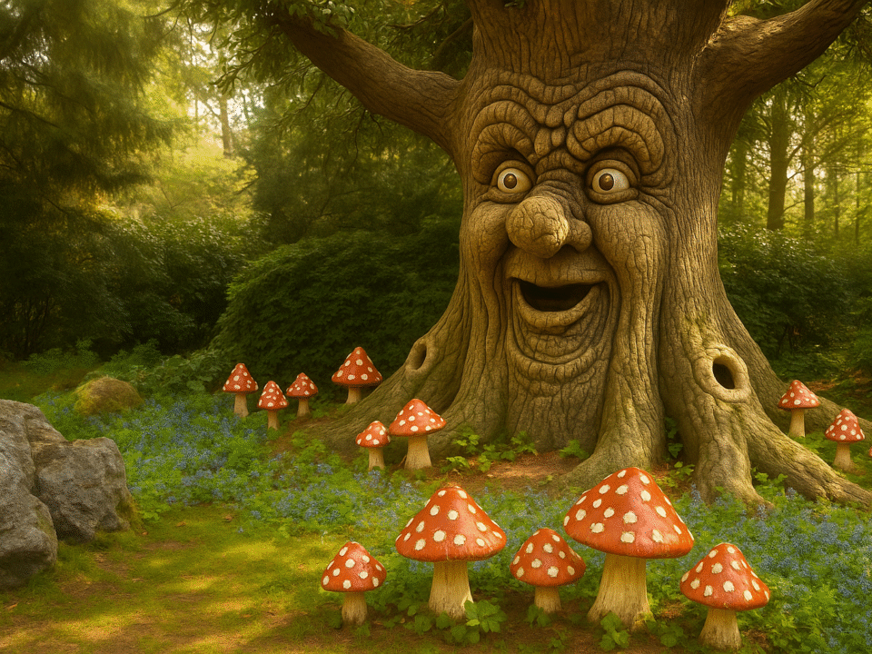 Talking tree surrounded by mushrooms in Efteling's enchanted fairy tale forest