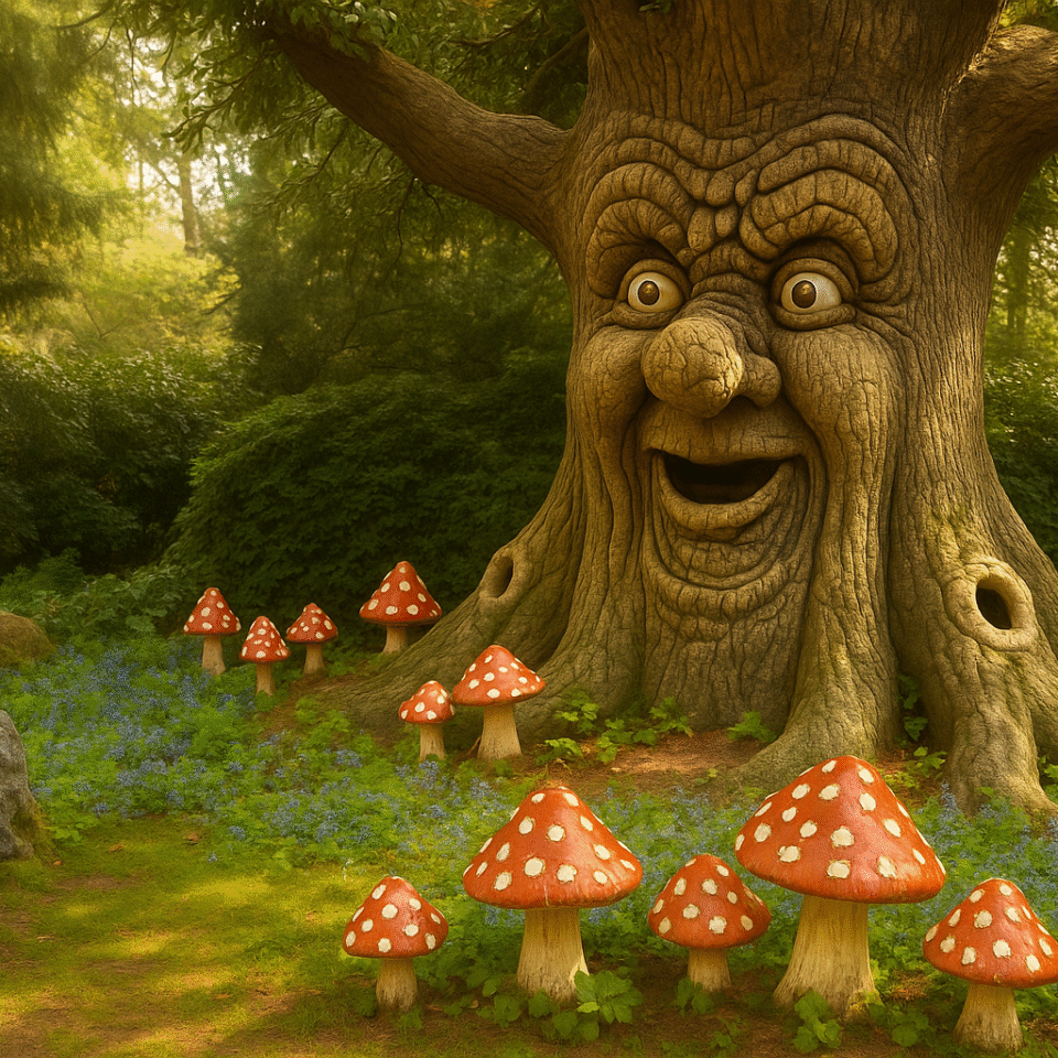Talking tree surrounded by mushrooms in Efteling's enchanted fairy tale forest