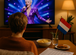 A Dutch viewer watches the Eurovision Song Contest at home with snacks, a scorecard, and a small Dutch flag