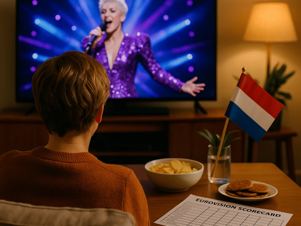 A Dutch viewer watches the Eurovision Song Contest at home with snacks, a scorecard, and a small Dutch flag