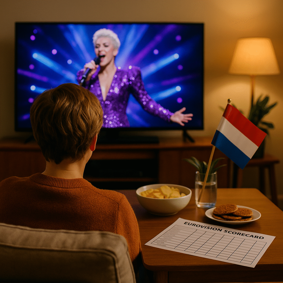 A Dutch viewer watches the Eurovision Song Contest at home with snacks, a scorecard, and a small Dutch flag