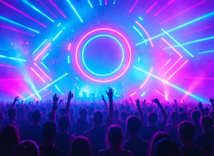Crowd dancing under neon lights at Dutch music festivals
