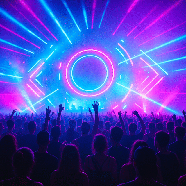 Crowd dancing under neon lights at Dutch music festivals