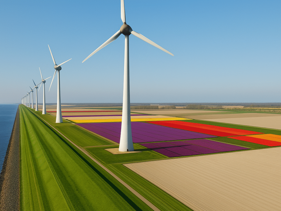 Flevoland wind turbines beside colorful tulip fields and the sea