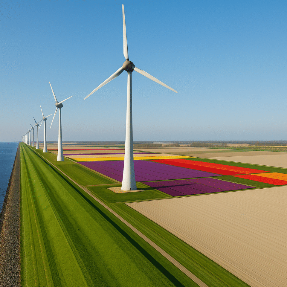 Flevoland wind turbines beside colorful tulip fields and the sea