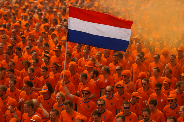 Dutch football culture on display as fans dressed in orange wave the national flag during a match celebration