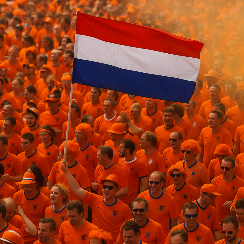 Dutch football culture on display as fans dressed in orange wave the national flag during a match celebration