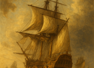 A majestic Dutch golden age sailing ship with an orange-white-blue flag navigates ocean waves in a classical oil painting style