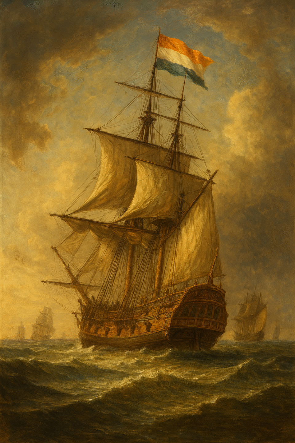 A majestic Dutch golden age sailing ship with an orange-white-blue flag navigates ocean waves in a classical oil painting style