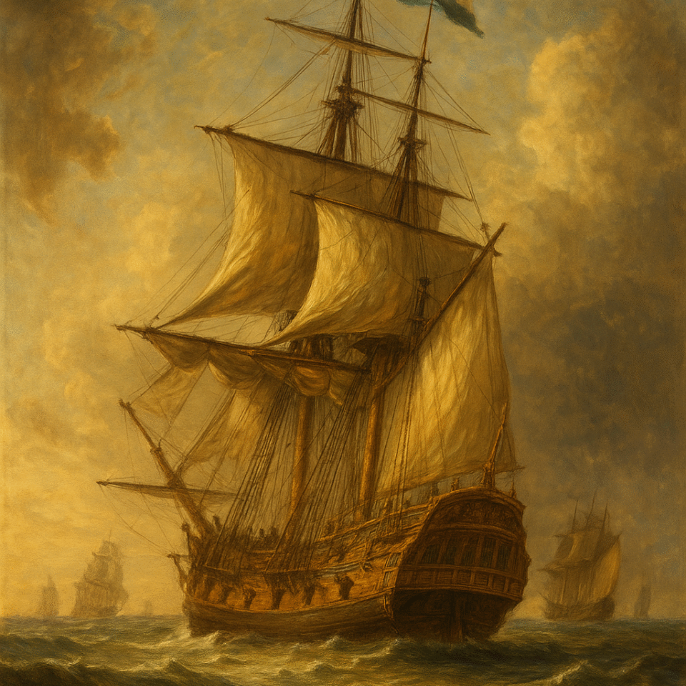 A majestic Dutch golden age sailing ship with an orange-white-blue flag navigates ocean waves in a classical oil painting style