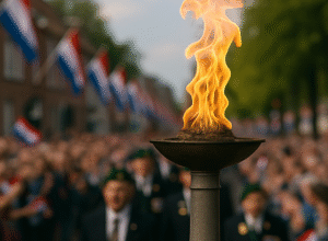 Close-up of the Liberation Flame torch burning brightly during Liberation Day celebrations in Wageningen, Netherlands.