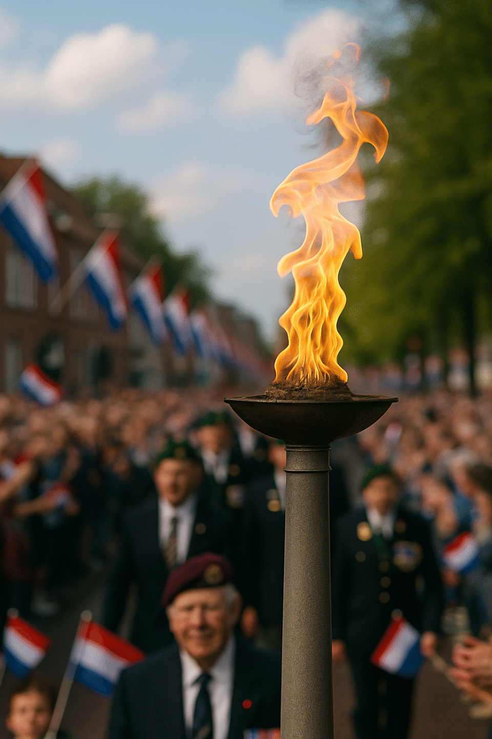 Close-up of the Liberation Flame torch burning brightly during Liberation Day celebrations in Wageningen, Netherlands.
