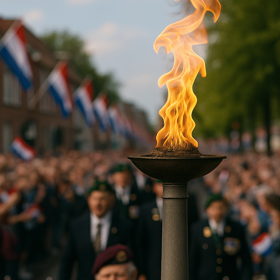 Close-up of the Liberation Flame torch burning brightly during Liberation Day celebrations in Wageningen, Netherlands.