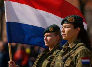 Two female soldiers in uniform holding a Dutch flag during a public ceremony, representing the Dutch military