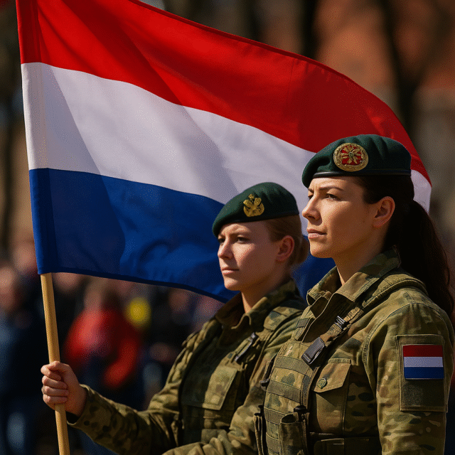 Two female soldiers in uniform holding a Dutch flag during a public ceremony, representing the Dutch military