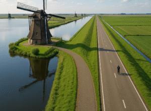 Dutch agricultural innovation seen in an aerial view of a windmill beside a canal, a dike road, and reclaimed polder fields below sea level