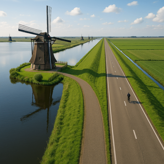 Dutch agricultural innovation seen in an aerial view of a windmill beside a canal, a dike road, and reclaimed polder fields below sea level