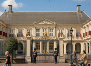 Dutch royal palace Noordeinde with guards and Dutch flag on a sunny day
