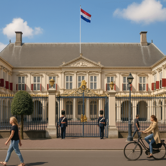 Dutch royal palace Noordeinde with guards and Dutch flag on a sunny day