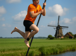 Photorealistic image of a young Dutch man pole-vaulting over a canal in traditional fierljeppen sport, with a windmill and farmland in the background Caption: A vivid moment from the traditional Dutch sport of fierljeppen, set against the pastoral charm of the Frisian countryside