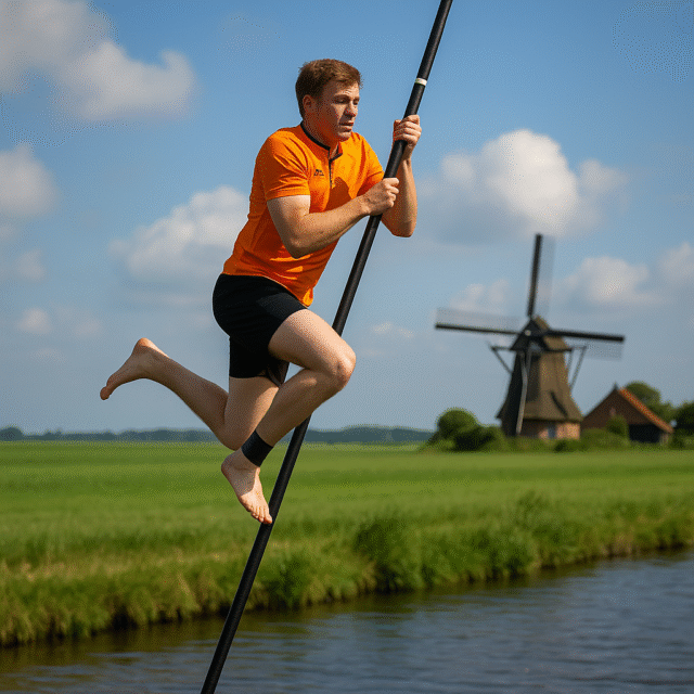 Photorealistic image of a young Dutch man pole-vaulting over a canal in traditional fierljeppen sport, with a windmill and farmland in the background Caption: A vivid moment from the traditional Dutch sport of fierljeppen, set against the pastoral charm of the Frisian countryside