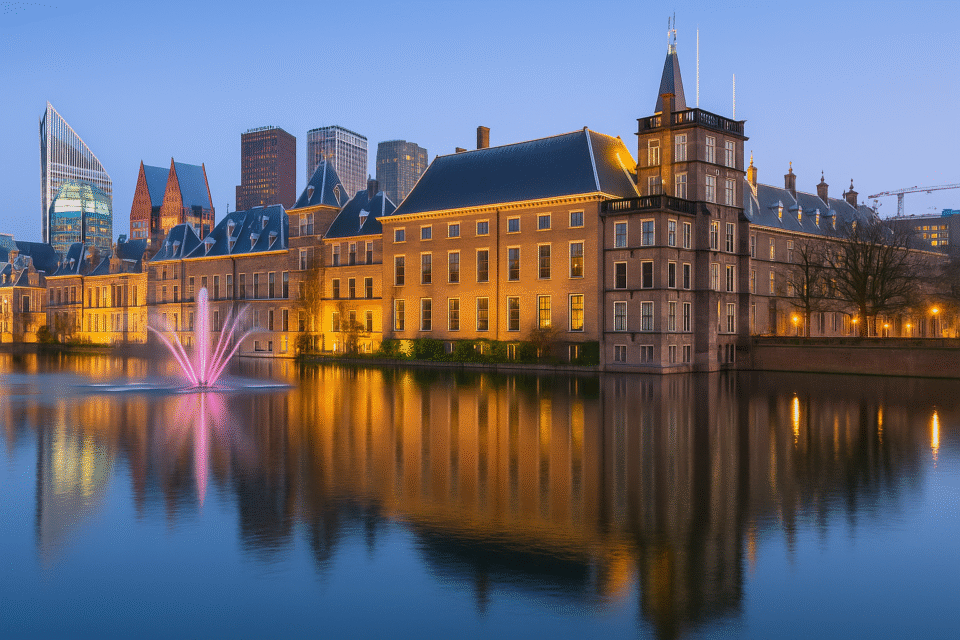 The Hague – illuminated Binnenhof buildings reflecting on Hofvijver lake during blue hour