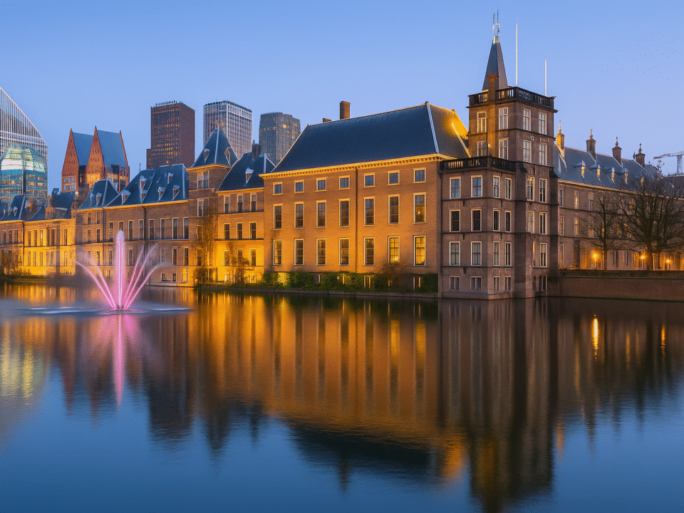 The Hague – illuminated Binnenhof buildings reflecting on Hofvijver lake during blue hour